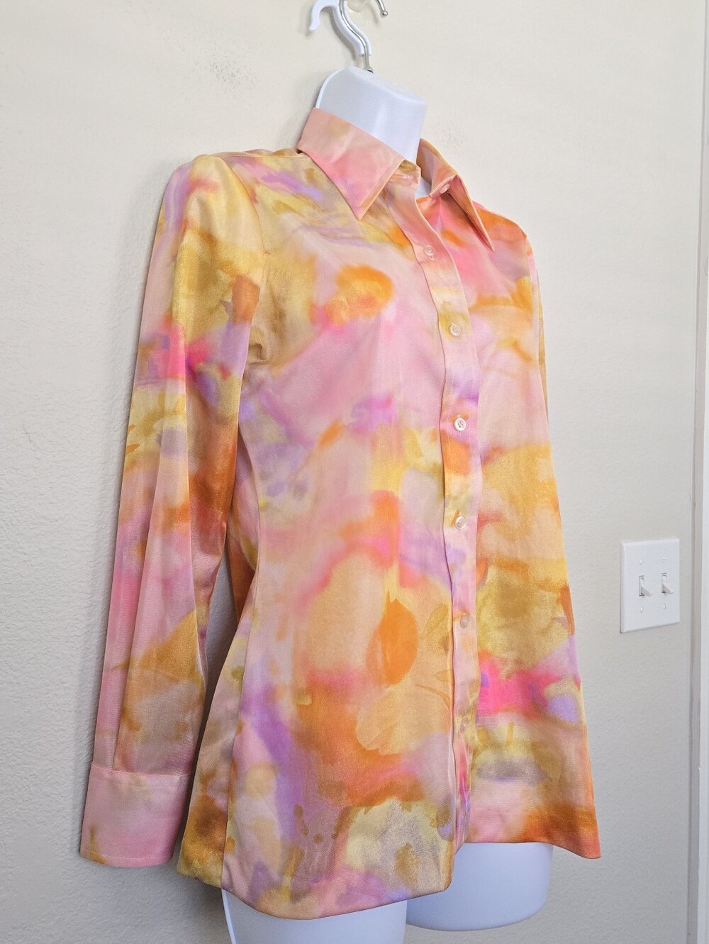 Vintage 70s Lady Manhattan Watercolor Abstract Groovy Pink Blouse - Picture 4 of 15